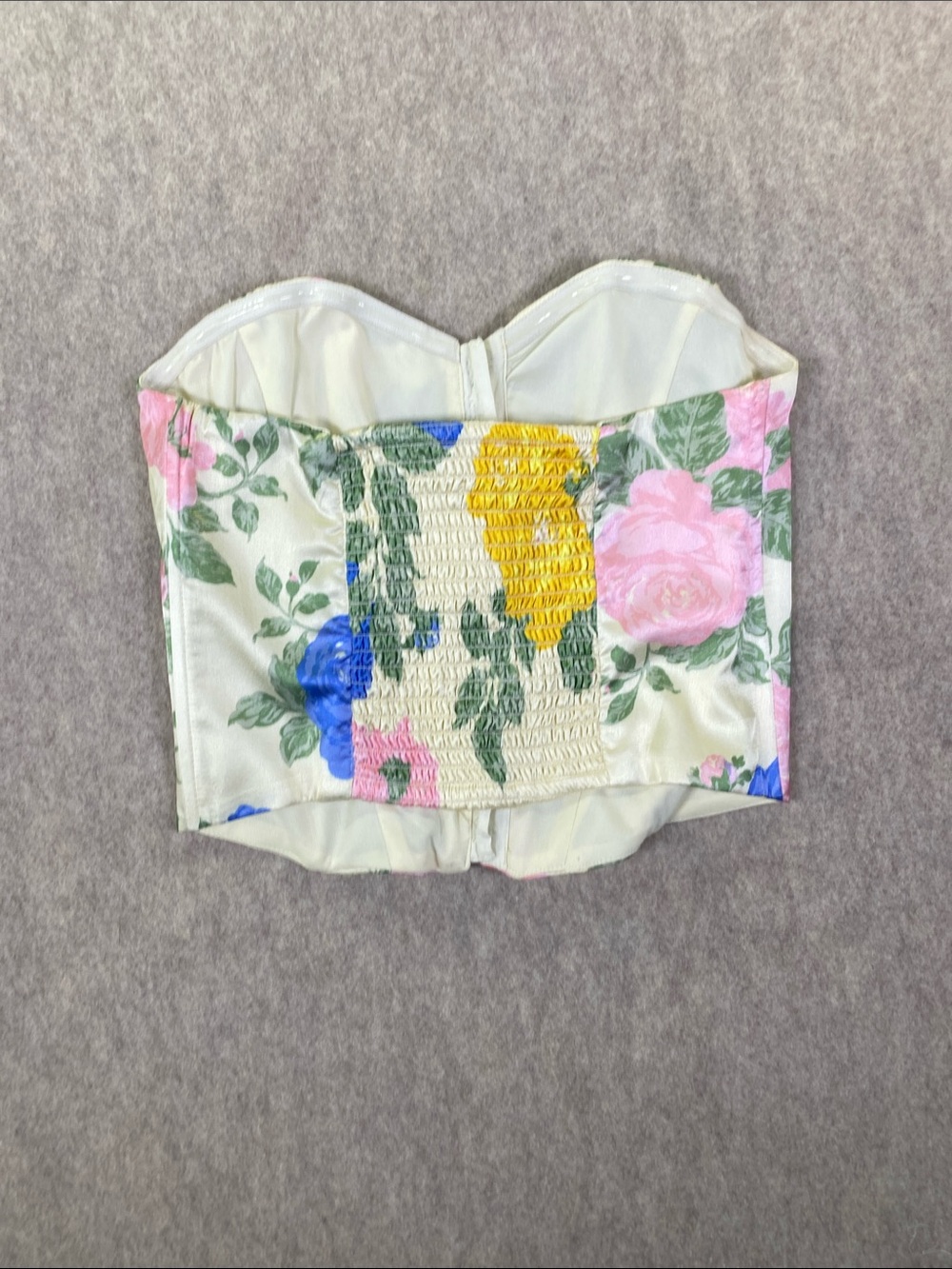 Floral Strapless Corset Top in Cream with Blue, Pink & Yellow Roses - Picture 3 of 8